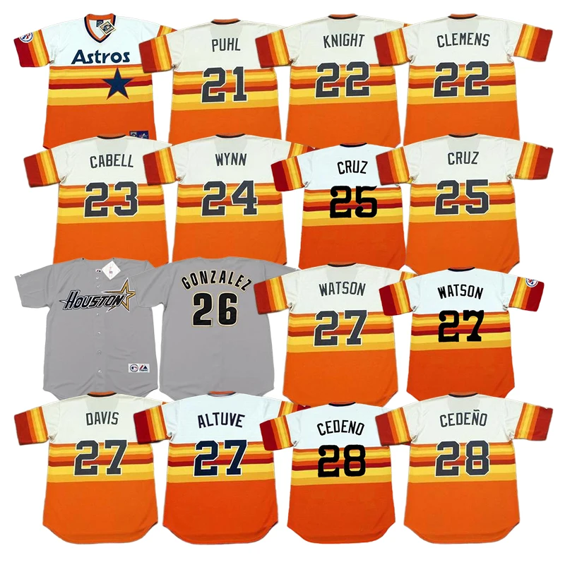 Wholesale Men Houston 21 ANDY PETTITTE 22 RAY KNIGHT 24 JIMMY WYNN 27 JOSE  ALTUVE 28 CESAR CEDENO Throwback baseball jersey Stitched S-5xL From  m.