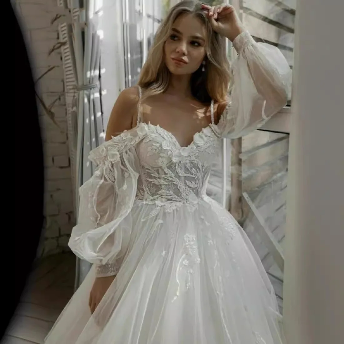 S2050L French Lace V-Neck A-Line Wedding Dress with Chapel Train, Beading & Lace  ODM| Min order 1 ct