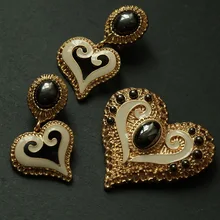 Wholesale European American Vintage Retro Style Gold Plated Earrings Brooch Trendy Heart Shape Zircon Design