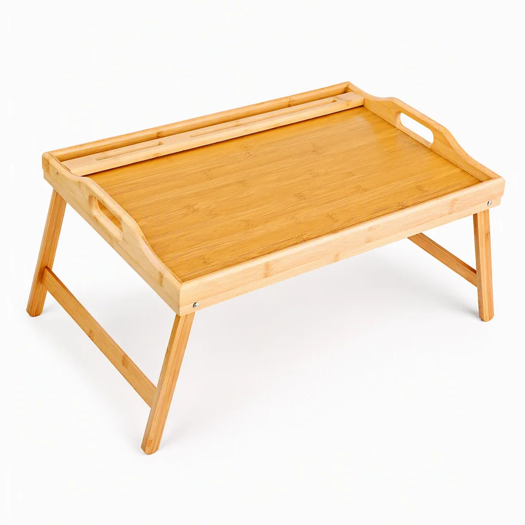 Foldable Bamboo Serving Tray with Phone Holder for Breakfast Beverage Food Laptop Use in Living Room
