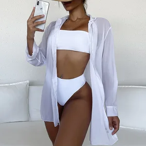 Beach Cover Ups for Women Cheap Price 2022 White Color Adults Chiffon Bikini Set Swimming Bikini Solid Wholesale Bikini Set 3 LT