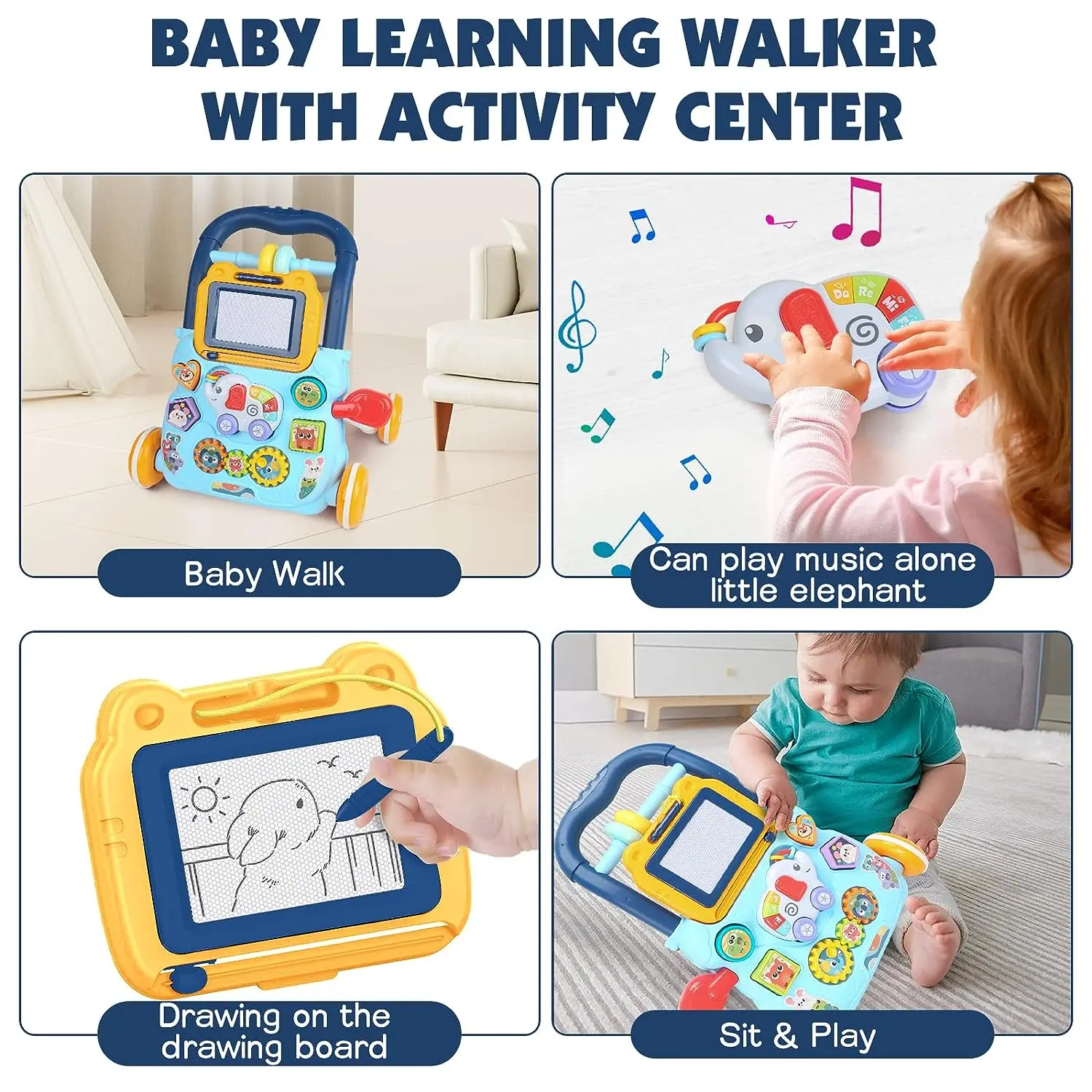 Antepremergator Multifunctional AT PERFORMANCE, cu Activitati interactive, Tableta Detasabila de Desenat, Sortare forme, Roti antiderapante, culoare blue - Camera copilului - atMag.ro