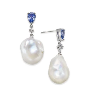925 Sterling Silver Tanzanite White Cultured Baroque Freshwater Pearl (13mm) Bule Diamond Accent Drop Earrings in 14k White Gold