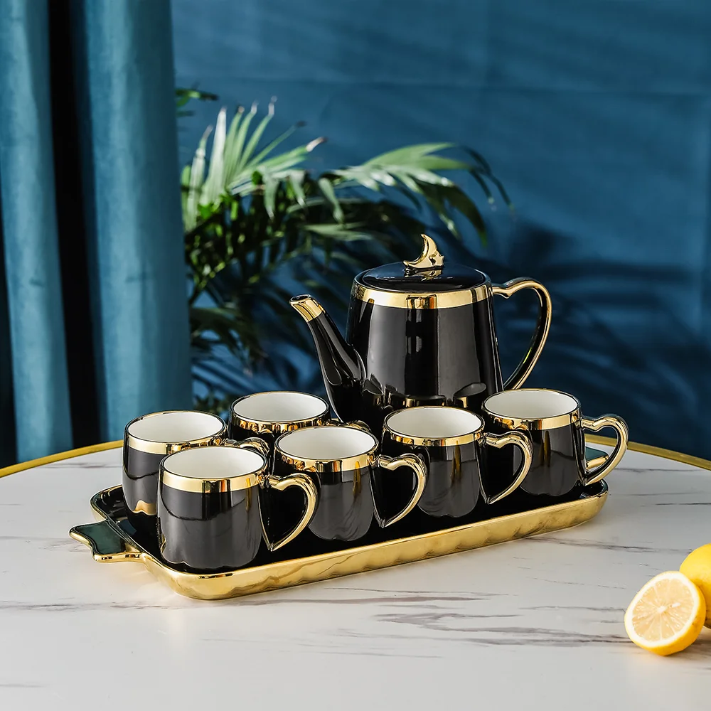 Creative Design Ceramic Tea Pot Set with Six Cups & Serving Tray