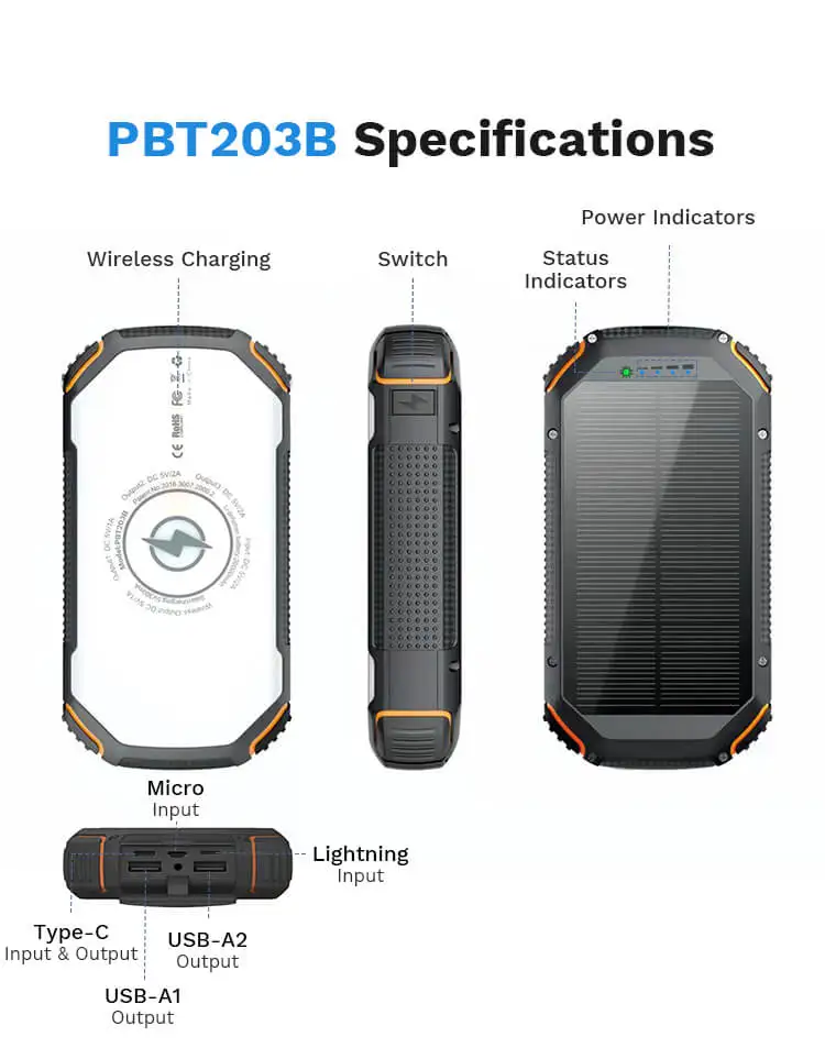High Capacity 20000 mAh Waterproof Phone Charger Wireless Solar Power Bank 20000mAh High Capacity Wireless Solar Power Bank 20000mAh Waterproof Portable Fast Charger