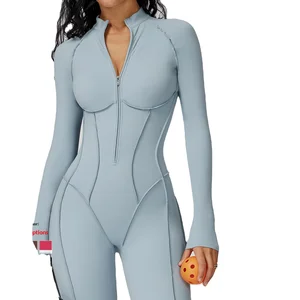 Contrast Color Striped Stand Collar Full Length Bodysuit Half Zipper Seamless Spandex/Nylon Sweat-Wicking Spaghetti Strap Sports