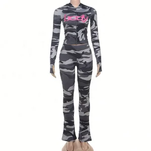 Dropshipping Wholesale Jogging Wear Leopard Print Two Piece Tracksuit Hoodie Women's Flare Pants Set