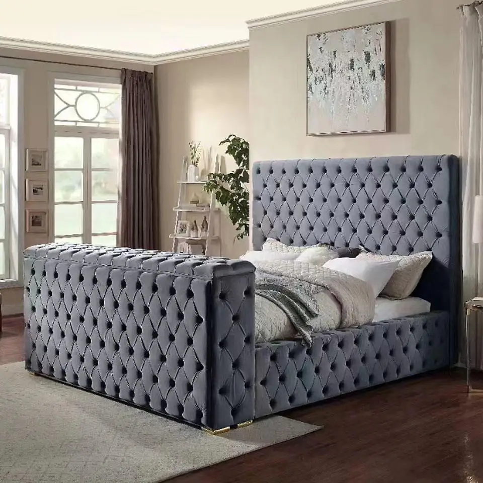 Factory Custom Double Queen Size Upholstered Velvet Square Storage Bed
