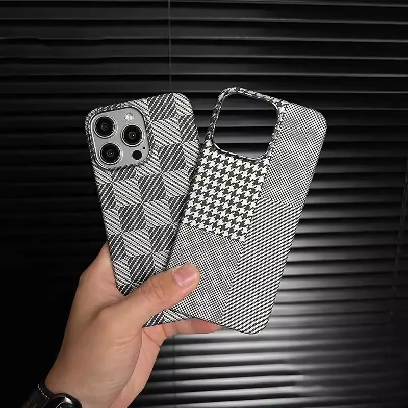 Laudtec Carbon Fiber Pattern Water Transfer Printing PC Phone case With Camera Holder Cell Phone Cover For iPhone 16 15 Pro Max