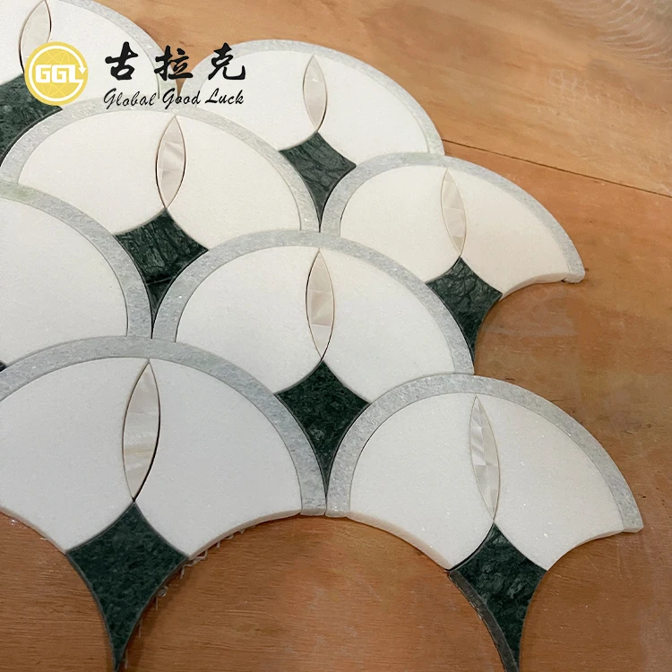 New Fan Shape Marble Sea Shell Inlay White and Green Marble Waterjet Mosaic Tile for Home and Hotel Decoration factory