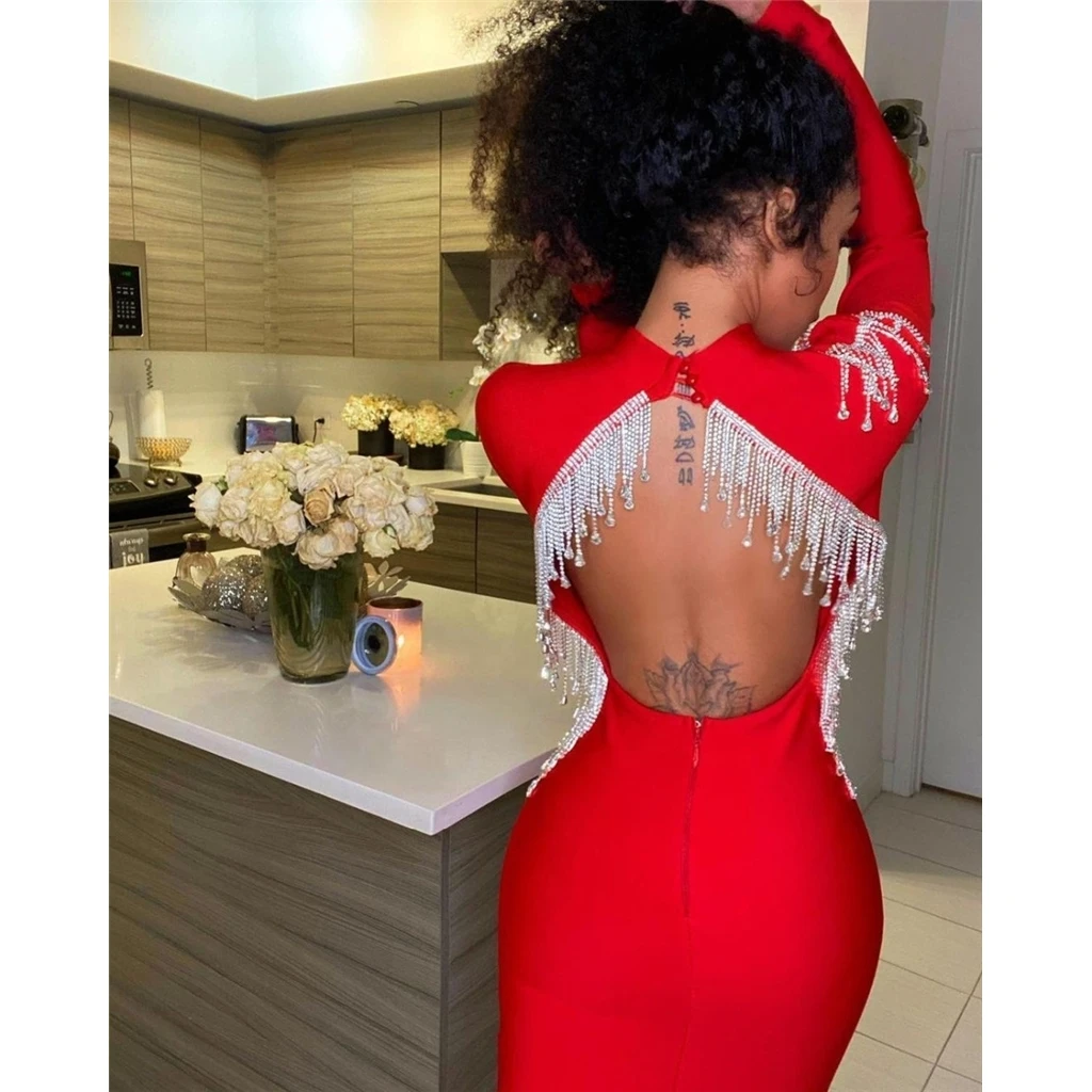 Elegant Backless Dress with Long Sleeves & Crystal Rhinestones Elegant Backless Dress with Long Sleeves & Crystal Rhinestones