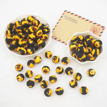 Wholesale 15mm Sunflower Silicone Print Chewing Beads For Jewelry Making Pacifier Chain DIY Baby Teether Beads