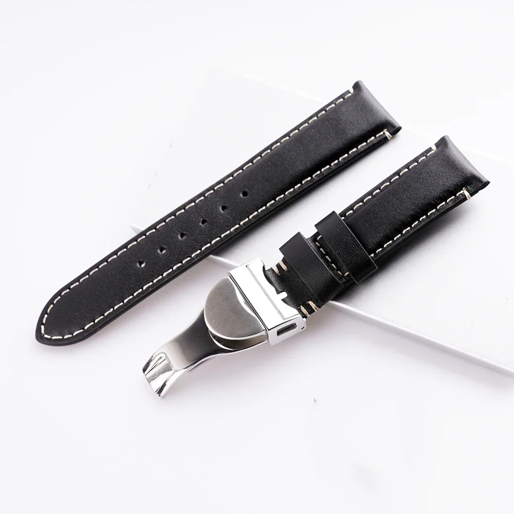 20mm 22mm Black Genuine Leather Replacement Wrist Watch Band With ...