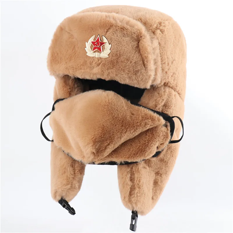 Russian Soviet Hats Artificial Rabbit Fur Ushanka Winter Cold Weather Hat for Men with Soviet Red Star