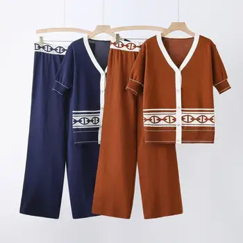 Summer Short Sleeve Cardigan with Wide Leg Pants Women's Lounge Sets Two Piece Outfits Matching Set
