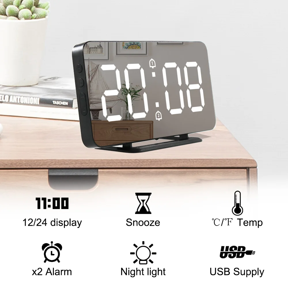 Digital Mirror Alarm Clock LED Electronic Temperature USB Multifunction Nightlight Alarm Clock with Wireless Charger and Speaker