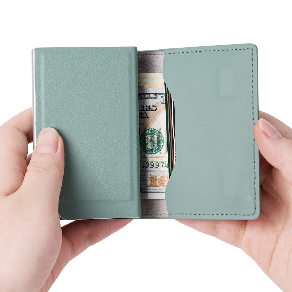 Custom Color Genuine Leather Popup Cardholder Leather RFID Secure Automatic Sliding Credit Card Case Smart Wallet for Women Men