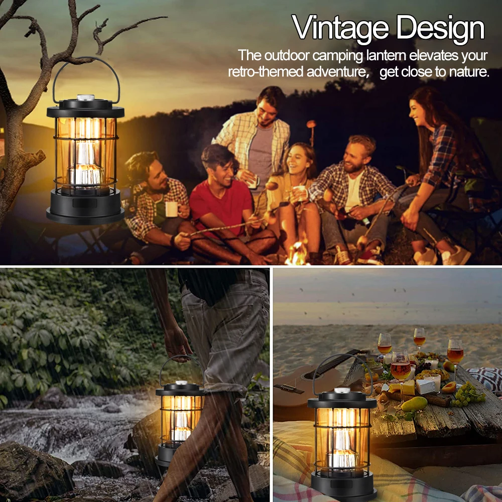 Vintage Metal Hanging Camping Lanterns 3600mAh Battery Powered Warm Light  Led Camp Lantern Rechargeable Tent Light