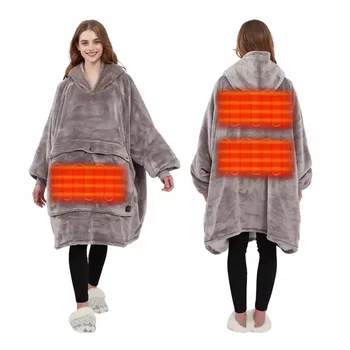 Factory Wearable Heated Blanket Hoodie for Winter USB Heating Hooded Blanket for Adult Thick Flannel Sherpa Blanket