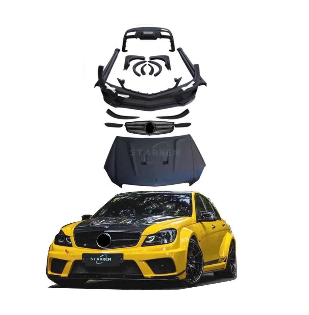 2008-2013 C-Class W204 C63 AMG  Upgrade  Wide  Front and Rear Bumpers Side Skirts Hood Fender  Wide Body Kit for Mercedes-Benz