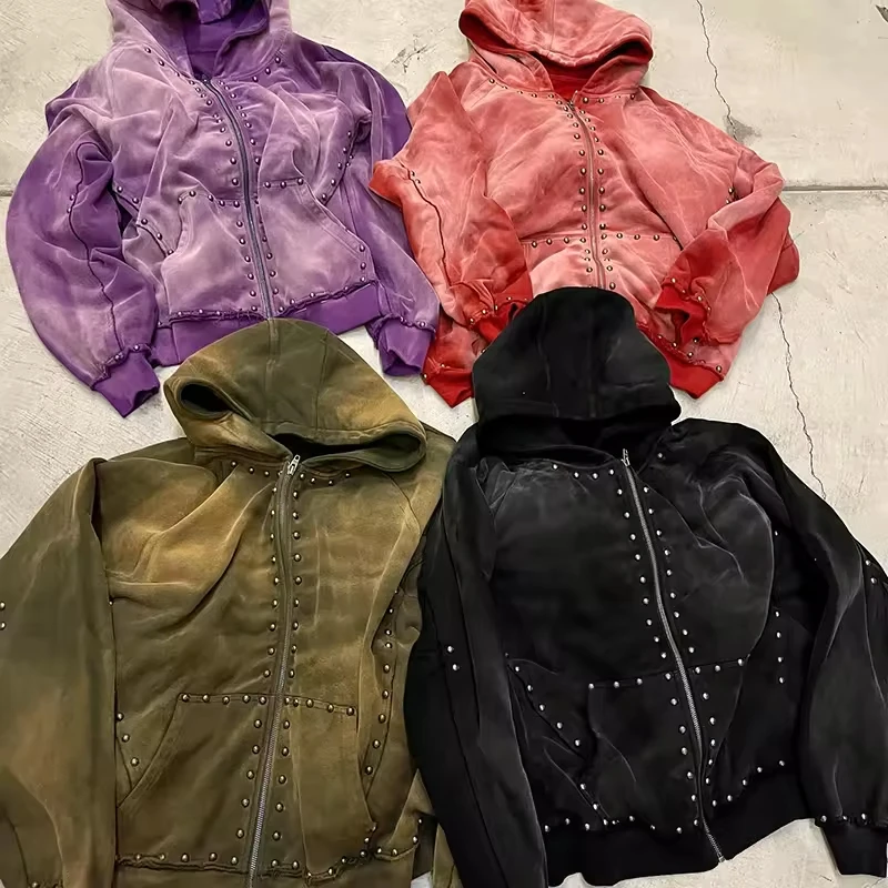 Custom High Quality 500gsm Black Rhinestone Zip up Hoodie Men Oversized Autumn Hooded Sun Faded Crystal Acid Wash Hoodies Men