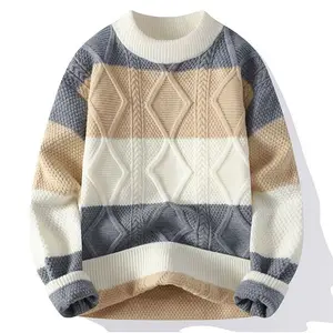 Autumn and Winter Round Neck Knitted Sweater Casual Color Blocking Bottom Knitted Pullover Knit Sweater Pullover for Men
