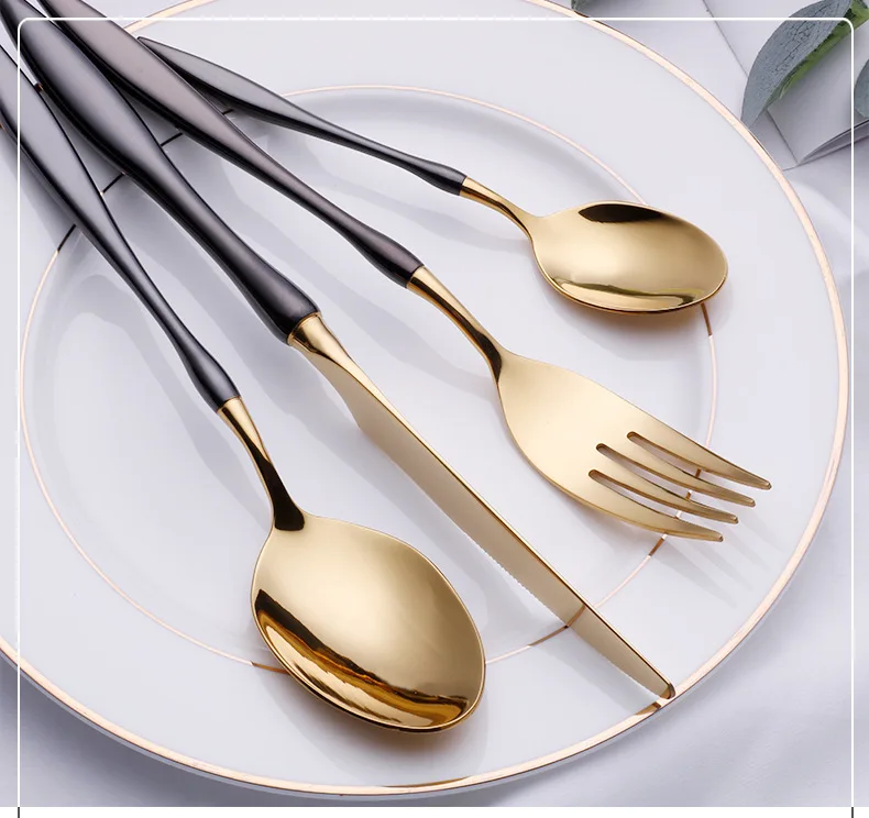 New Hot Sale Light Luxury 304 Stainless Steel Cutlery Knife Fork Spoon Dessert Spoon Set Silverware Wedding Flatware Set