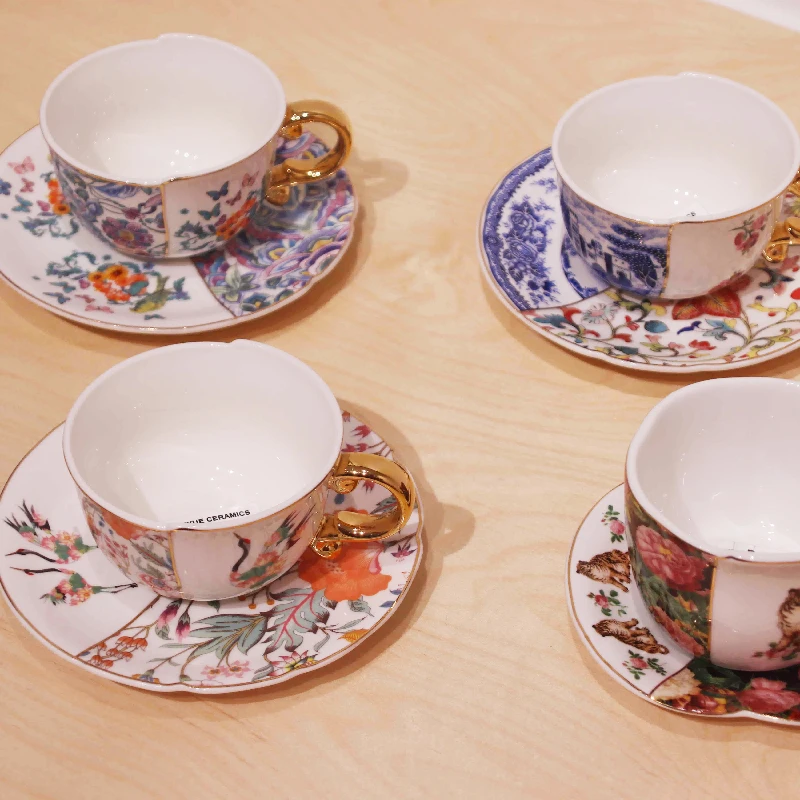 Unique Design Eco Friendly Hybrid Shape Fancy Luxury Ceramic Coffee Tea Cup and Saucer Set With Golden Handle manufacture