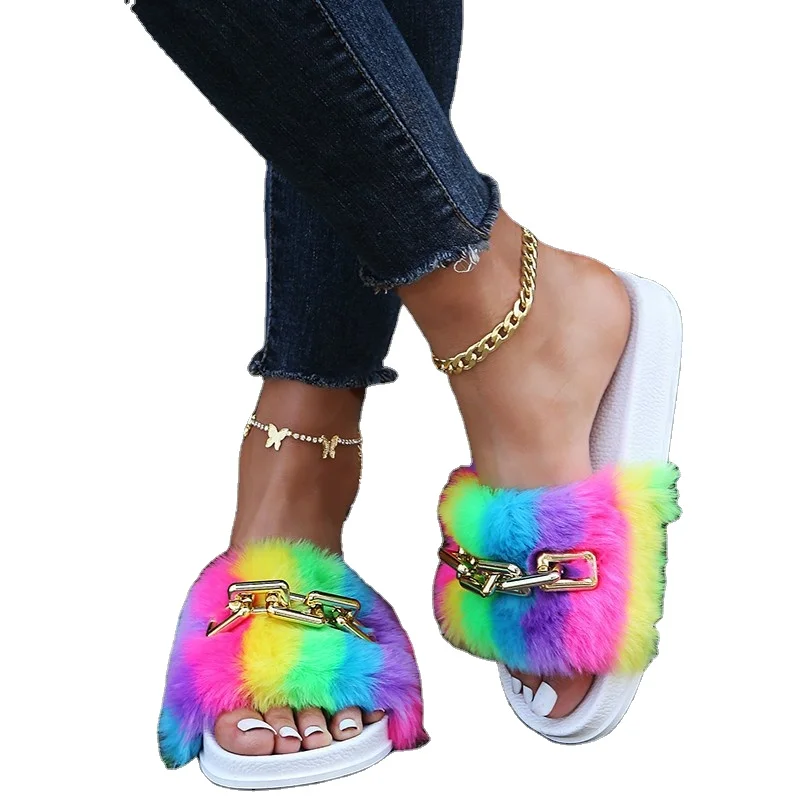 Rainbow fuzzy slides hot sale