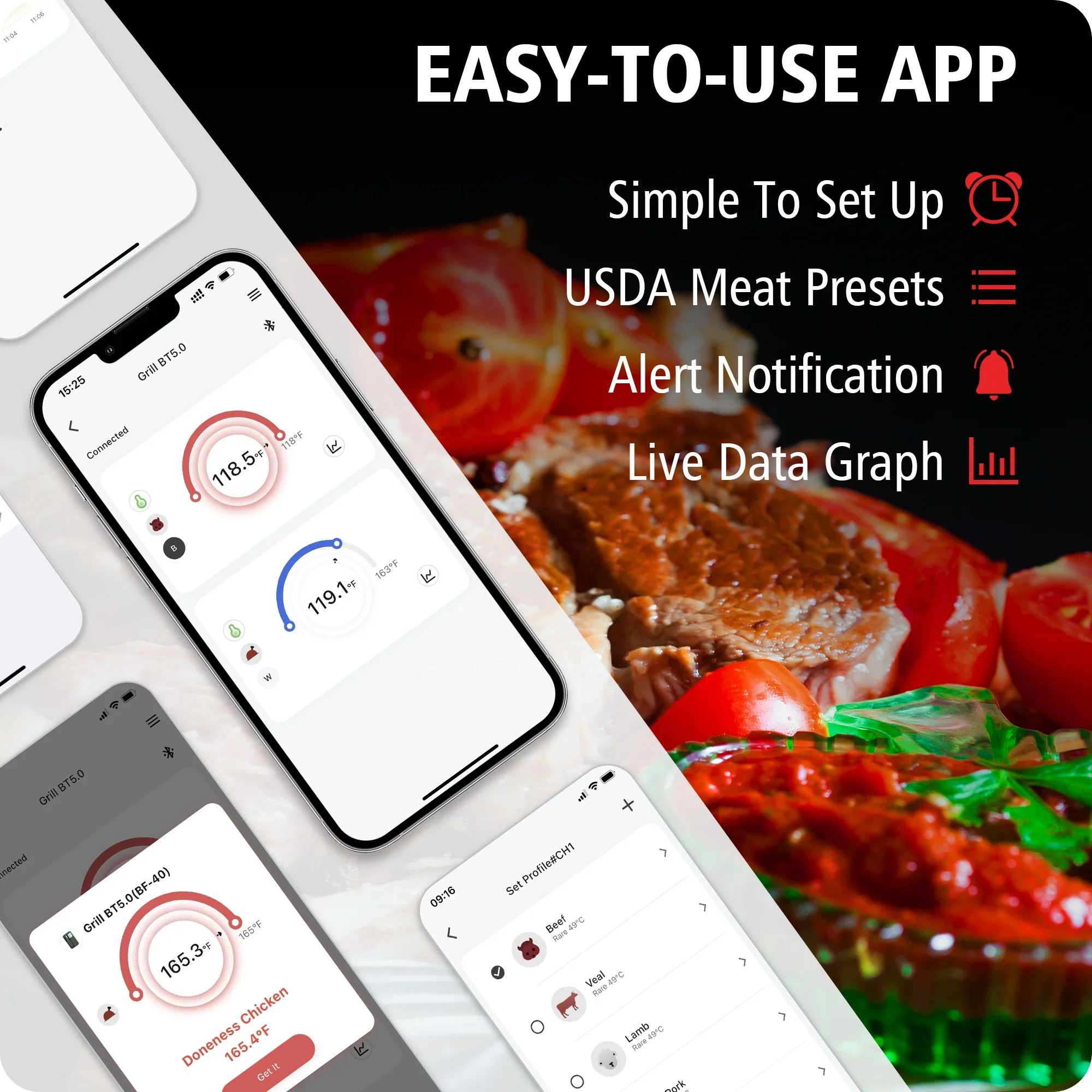 BFOUR 500FT Smart Digital Cooking  Wireless Meat Thermometer for BBQ Grill Oven with Bluetooth APP