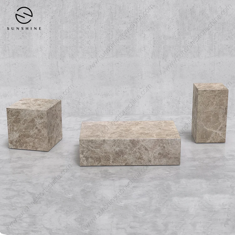 3 Piece Coffee Table Set,Natural Cream Marble Light Emperador Morden