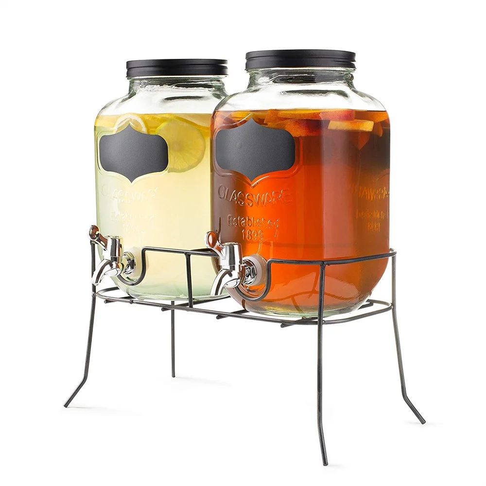 Set Of 2 Glass Drink Dispenser With Stand 4l Glass Jar Beverage