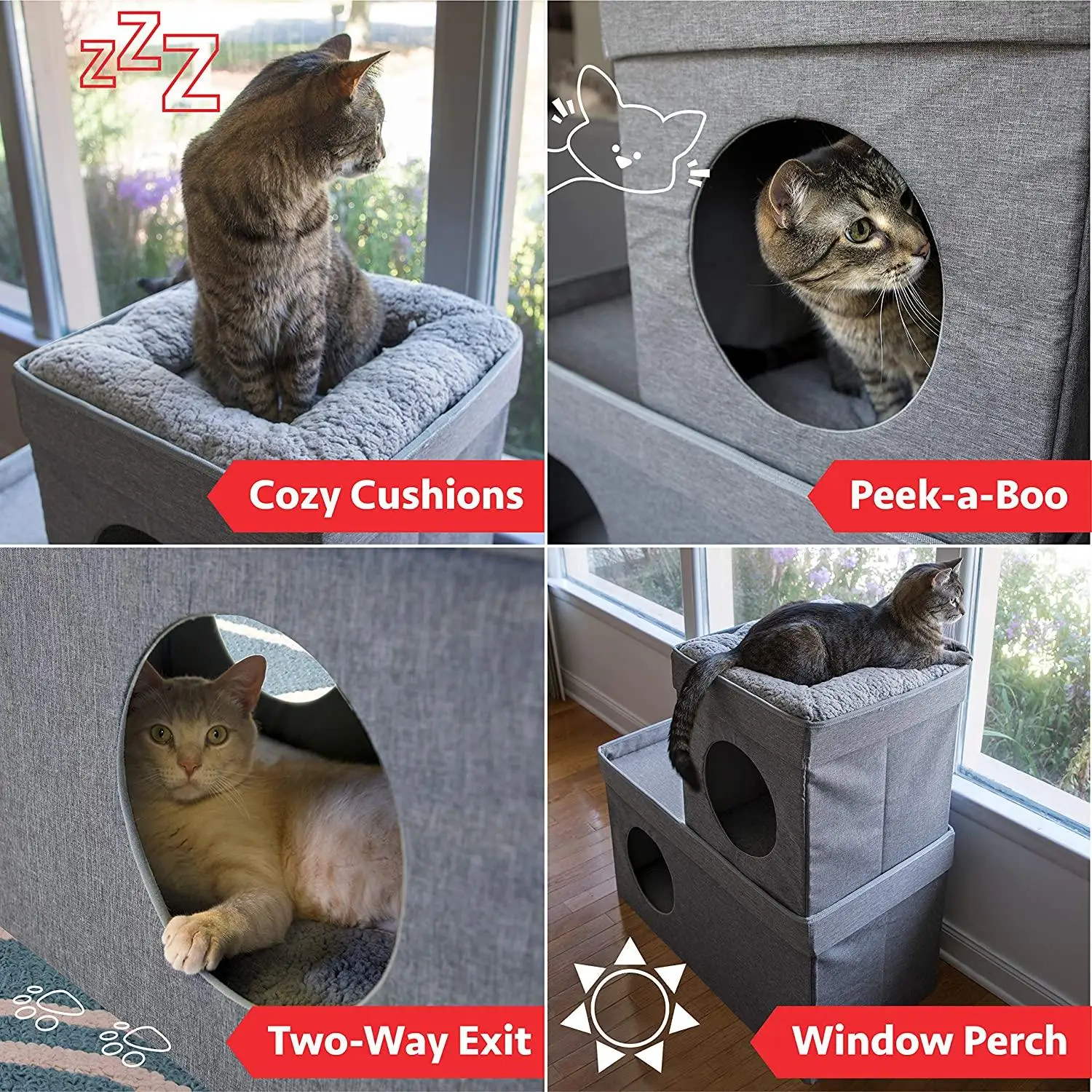 Kitty Large Stackable Grey Cat Cube, Cat House, Pop up Bed Ottoman, Mansion