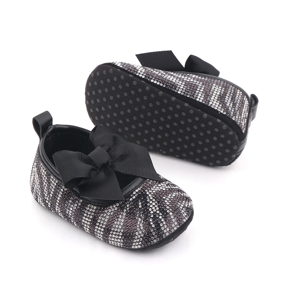Baby Girls Solid Color Big Bow Rhinestone Pattern Infants Soft Soled Princess Walking Shoes factory