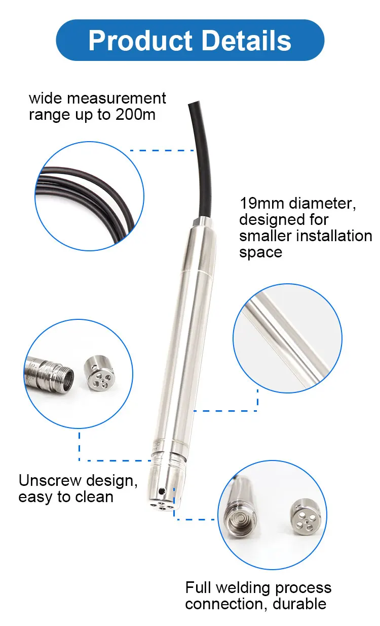 WNK Small Diameter 19mm Submersible Borehole Water Level Sensor for Deep Well