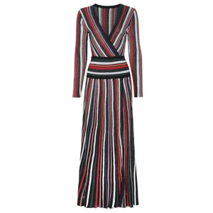 High-quality 2026 New Style Fashion Knitted Striped V-neck Slim Long Sleeve Casual Dress