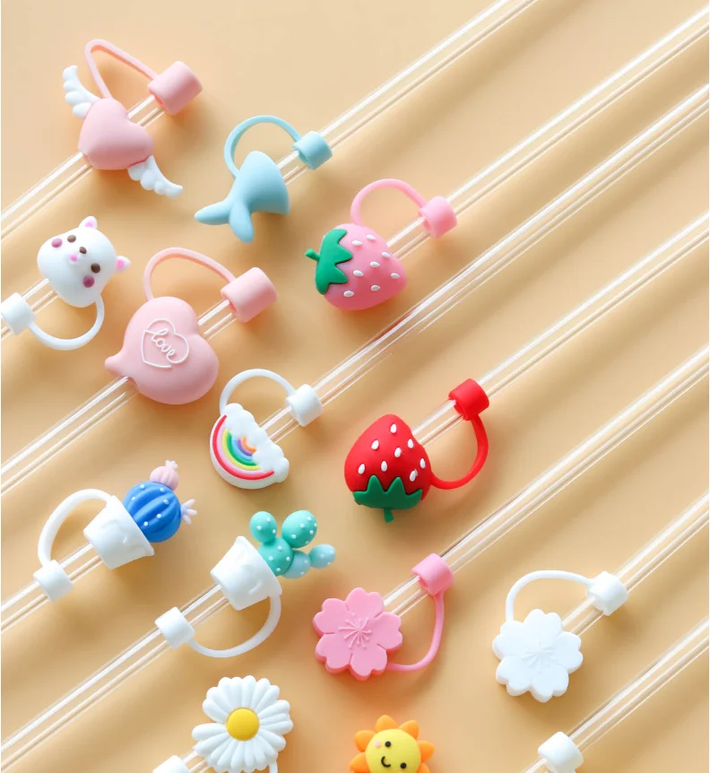 Cute Cartoon Love Flower Straw Cover, Reusable Dustproof Silicone