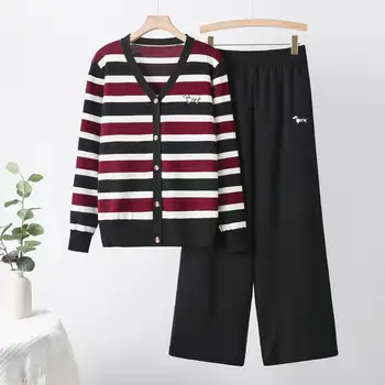 2025 Autumn Winter Knitted Striped Embroidery Long-Sleeved Cardigan + Wide-Leg Pants Two-Piece Wholesale Women's Sets