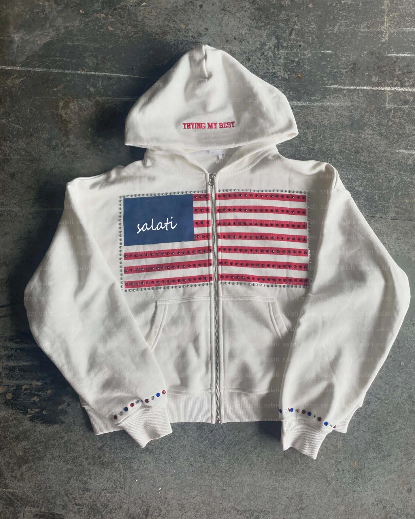 Salati Custom Logo Essentials Winter Diamond Studded Embroidery Boxy Print ZIp up Oversized Heavyweight Rhinestone Hoodies Men