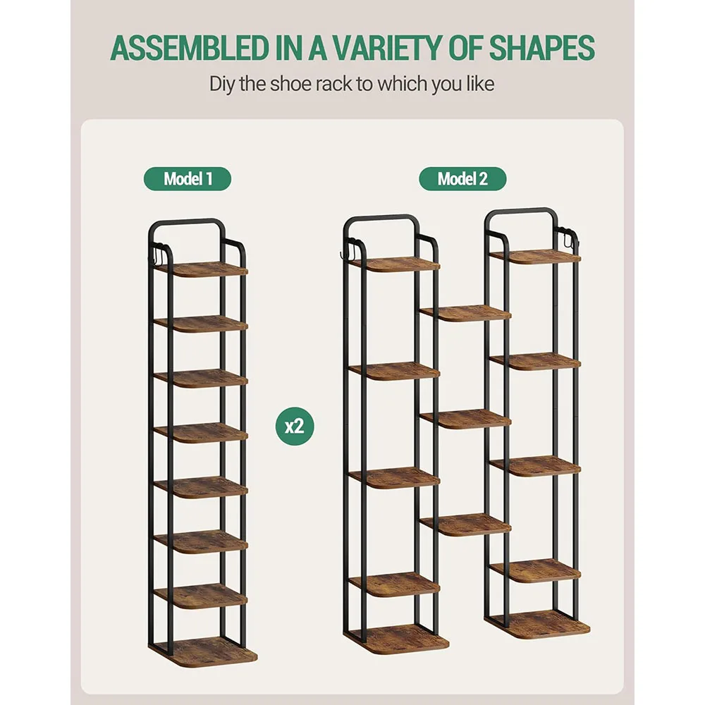 8-Tier Vertical Shoe Rack Wooden Narrow Shoe Tower with 2 Hooks for Entryway and Living Room Organizer for Tall Shoes supplier