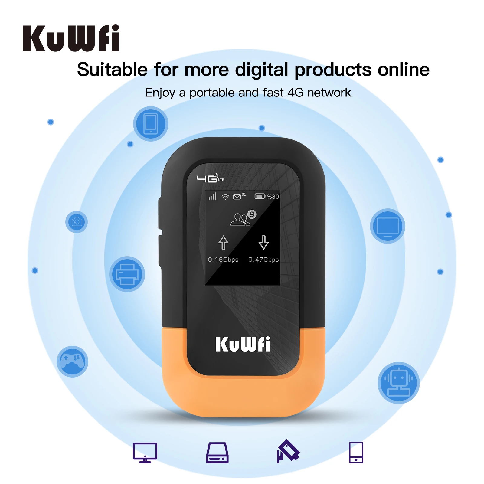 KuWFi Mobile 4G LTE WLAN Router (4G/LTE up to 150Mbit/s Download/ 50Mbit/s Upload, Portable Hotspot, 5200mAh Battery, Compatible with All European SIM Cards), Plug & Play, for Travel & Household