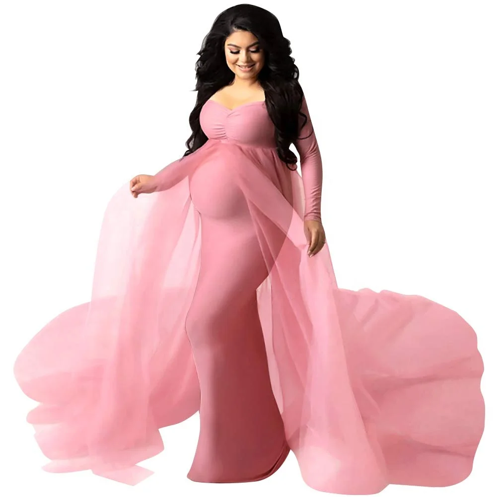 Pink Maternity Dresses Photography Gown Shoulderless Pregnancy Long ...