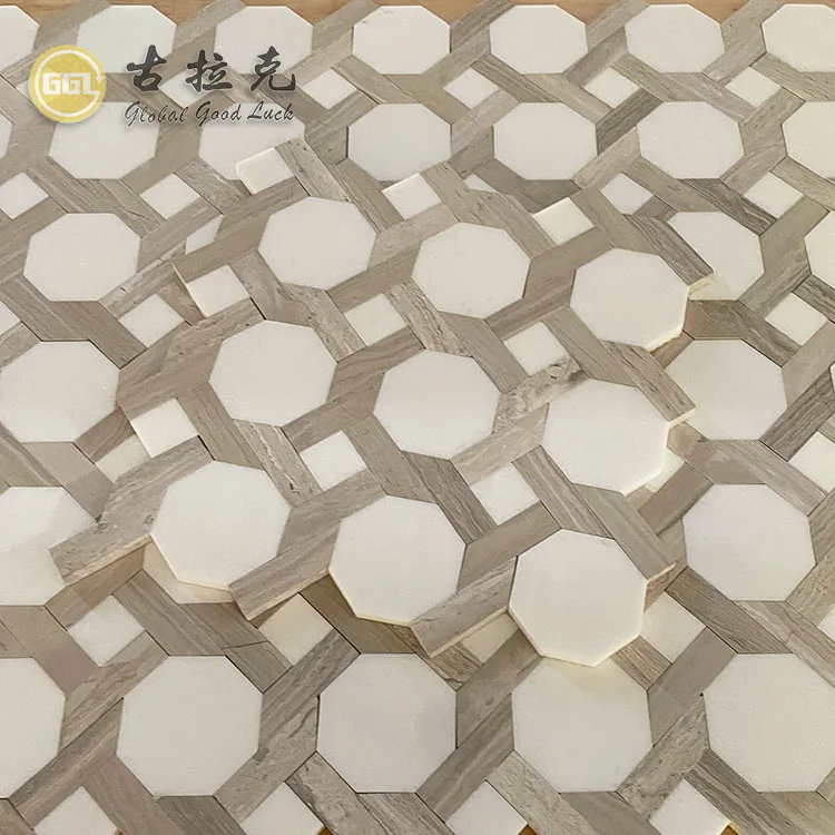 Thassos white Marble mix Wood Marble Octagon Shape Marble Floor for Bathroom Tile supplier