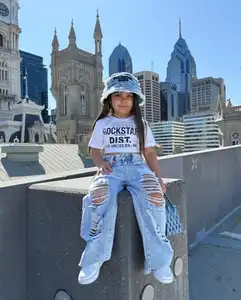 New Design Casual Streetwear Pullover T-Shirt Printed Letters Organic Cotton Light Blue Distressed Ripped Jeans Pant Kids