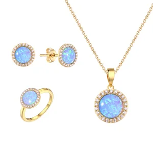 925 Sterling Silver Bezel Setting Gold Plated Brazilian Blue Fire Opal Necklace Earring Ring Jewelry Set Trendy Wedding Gift