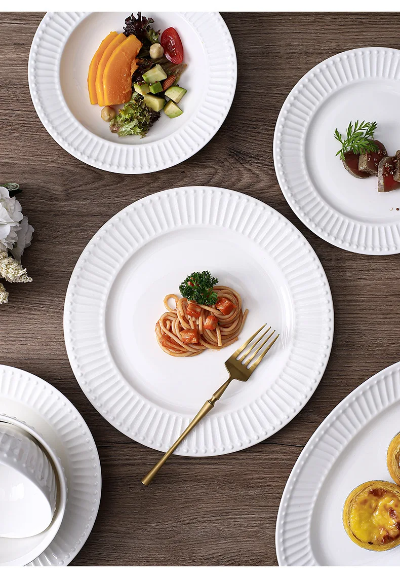 Tabletops Gallery Embossed Bone White Porcelain Round 12 Piece Dinner