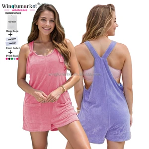 Women Pink Terry Cloth Romper Casual Sleeveless Square Neck Short Jumpsuit with Pockets Summer Beach Cover up