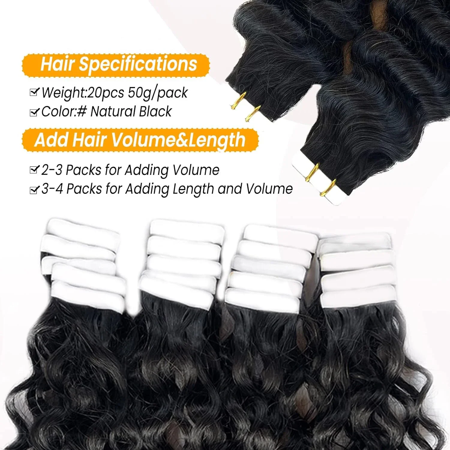 Tape-In-Haarverlängerung, lockig, tief gewellt, 100 % Echthaar, für den ganzen Kopf, Naturschwarz_voghion.com
