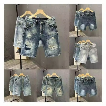 Men's Casual Streetwear Summer Shorts with Embroidered Design Destroyed Denim Ripped Hip Hop Style Hipster Men's Short