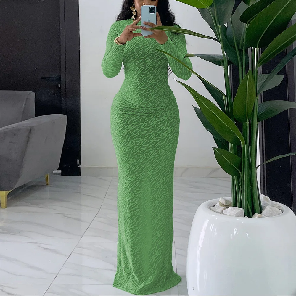Autumn Casual Solid Pattern Chiffon Dress Women Long-Sleeved Slimming  Floor-Length Natural Breathable Comfortable Lace Dress